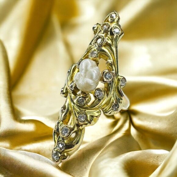 14k Gold Antique Diamond Baroque Pearl Ring Size 6.5 Victorian Art Nouveau 9.9g - Picture 14 of 16